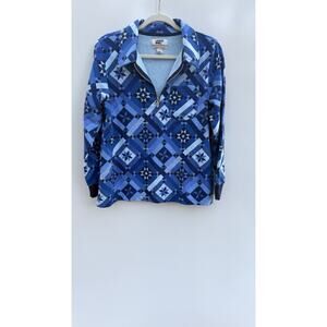 Lands’ End Serious Sweats Quarter Zip Fleece Blue Patchwork Print M 10–12